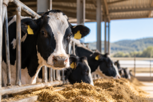 Vacas lecheras de raza frisona en una explotación ganadera, junto a los comederos, en un establo cubierto y con luz natural.